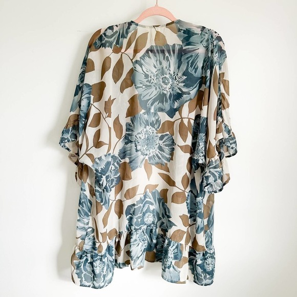 Anthropologie E by Eloise Blue Cream Floral Ruffle Trim Sheer Kimono Robe XS S - Picture 11 of 13